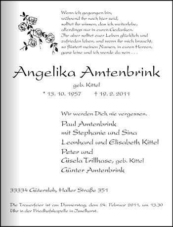 Traueranzeige von Angelika Amtenbrink von Neue Westfälische