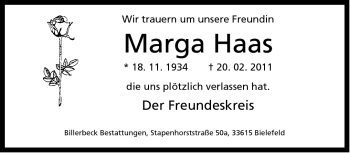 Traueranzeige von Marga Haas von Neue Westfälische
