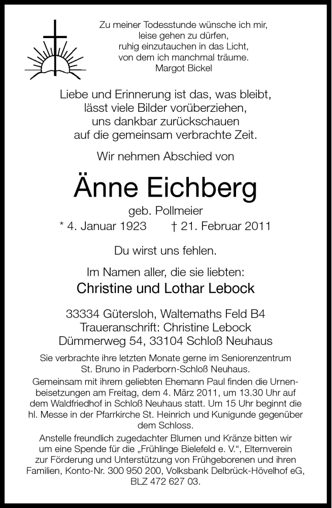  Traueranzeige für Änne Eichberg vom 26.02.2011 aus Neue Westfälische