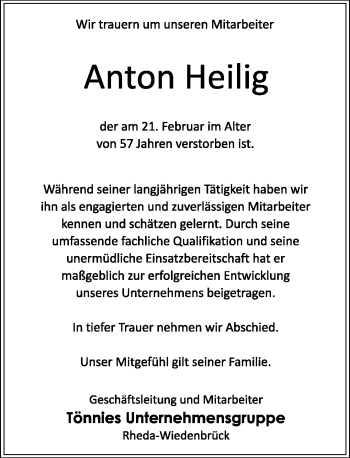 Traueranzeige von Anton Heilig von Neue Westfälische