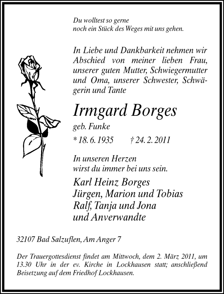  Traueranzeige für Irmgard Borges vom 28.02.2011 aus Neue Westfälische