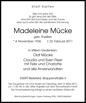 Traueranzeige von Madeleine Mücke von Neue Westfälische
