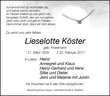 Traueranzeige von Lieselotte Köster von Neue Westfälische
