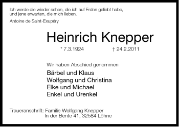 Traueranzeige von Heinrich Knepper von Neue Westfälische