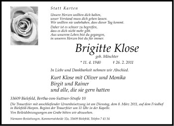 Traueranzeige von Brigitte Klose von Neue Westfälische
