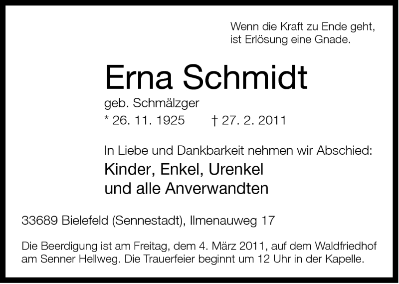  Traueranzeige für Erna Schmidt vom 02.03.2011 aus Neue Westfälische