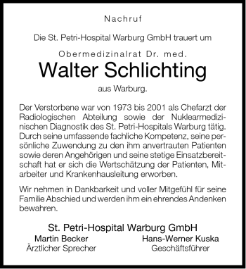 Traueranzeige von Walter Schlichting von Neue Westfälische