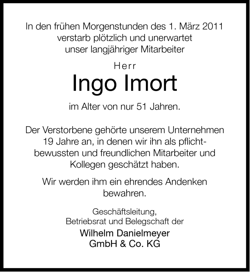  Traueranzeige für Ingo Imort vom 02.03.2011 aus Neue Westfälische
