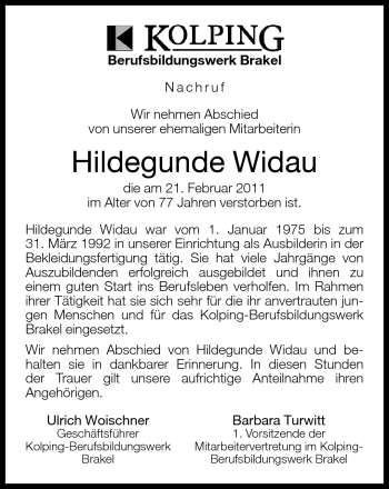 Traueranzeige von Hildegunde Widau von Neue Westfälische