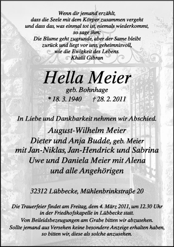 Traueranzeige von Hella Meier von Neue Westfälische