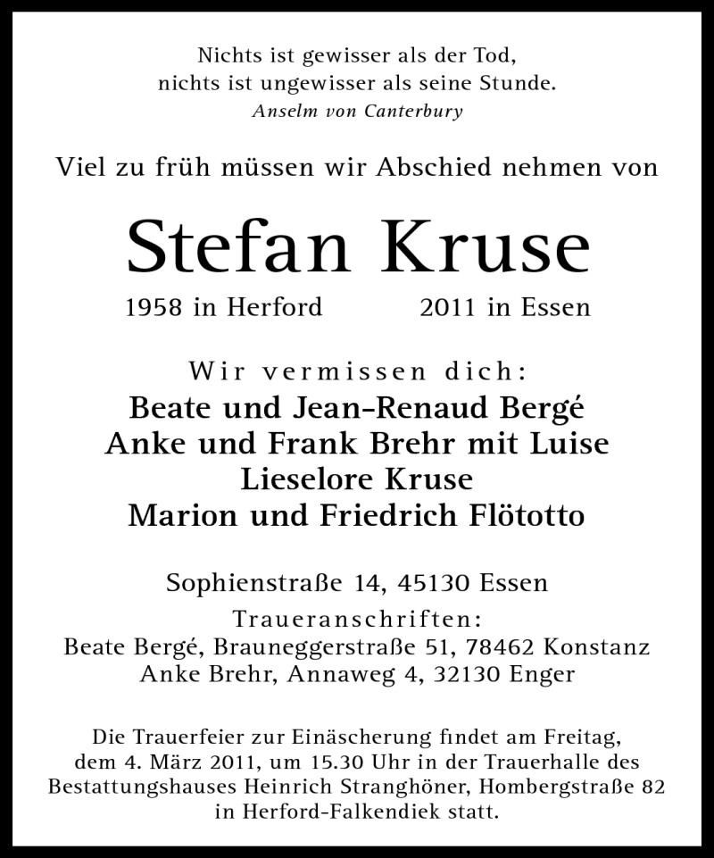  Traueranzeige für Stefan Kruse vom 02.03.2011 aus Neue Westfälische