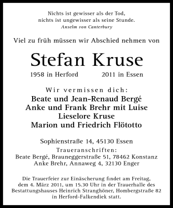 Traueranzeige von Stefan Kruse von Neue Westfälische