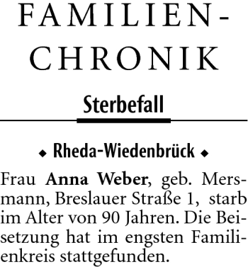 Traueranzeige von Anna Weber von Neue Westfälische