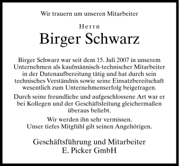 Traueranzeige von Birger Schwarz von Neue Westfälische