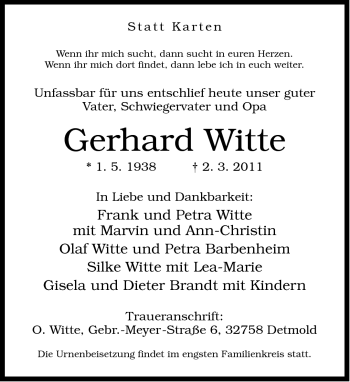 Traueranzeige von Gerhard Witte von Neue Westfälische