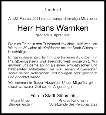 Traueranzeige von Hans Warnken von Neue Westfälische