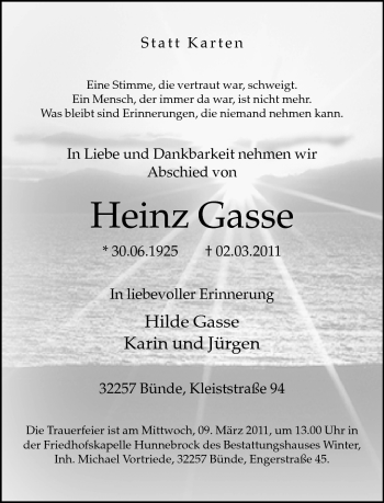 Traueranzeige von Heinz Gasse von Neue Westfälische