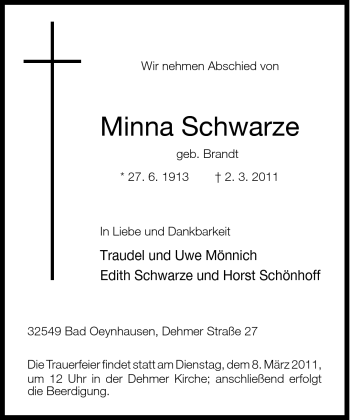Traueranzeige von Minna Schwarze von Neue Westfälische