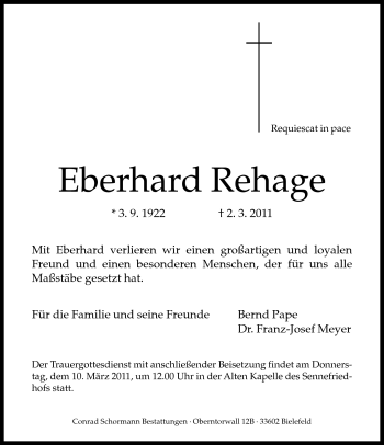 Traueranzeige von Eberhard Rehage von Neue Westfälische