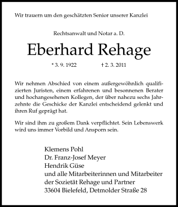 Traueranzeige von Eberhard Rehage von Neue Westfälische