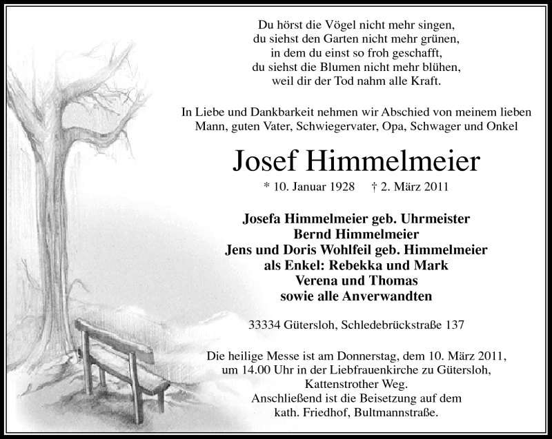  Traueranzeige für Josef Himmelmeier vom 05.03.2011 aus Neue Westfälische