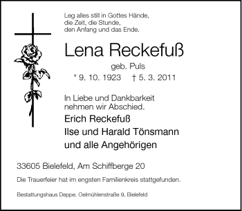Traueranzeige von Lena Reckefuß von Neue Westfälische