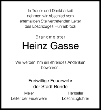 Traueranzeige von Heinz Gasse von Neue Westfälische