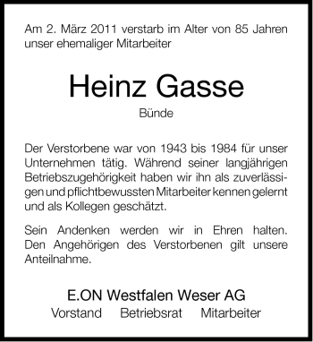 Traueranzeige von Heinz Gasse von Neue Westfälische