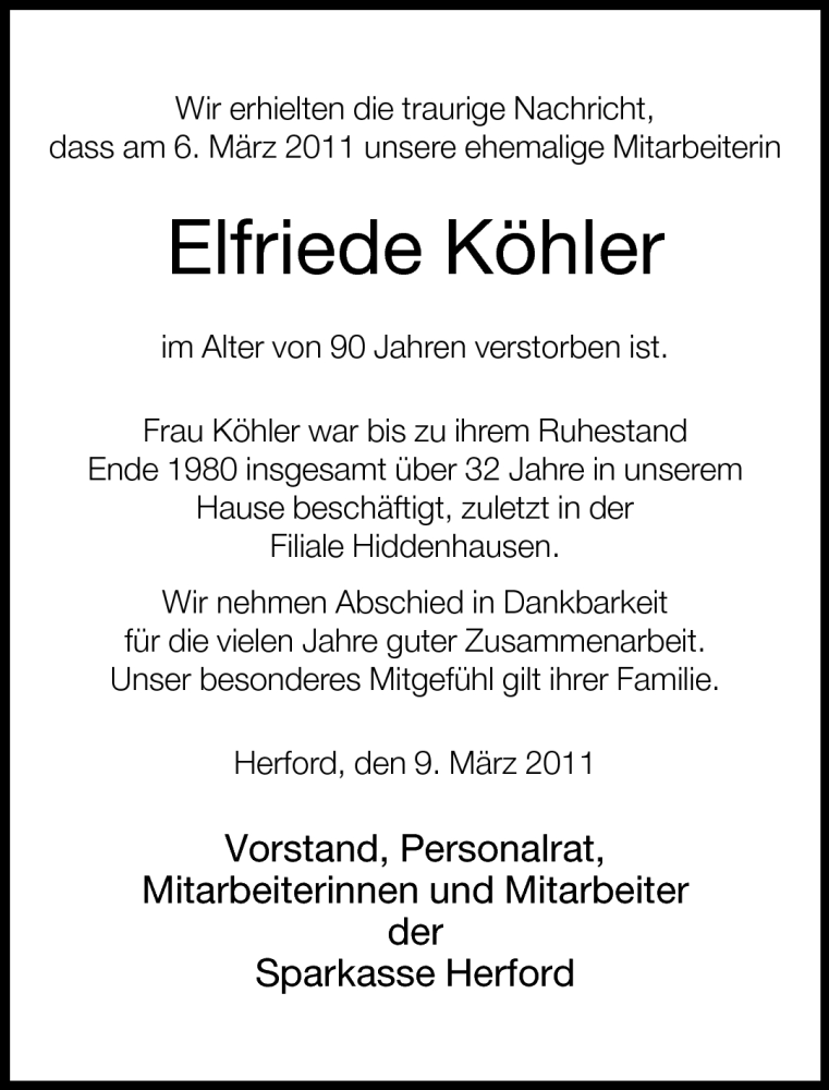  Traueranzeige für Elfriede Köhler vom 10.03.2011 aus Neue Westfälische