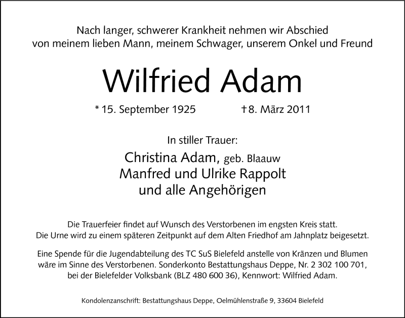  Traueranzeige für Wilfried Adam vom 12.03.2011 aus Neue Westfälische