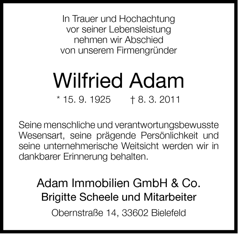  Traueranzeige für Wilfried Adam vom 12.03.2011 aus Neue Westfälische