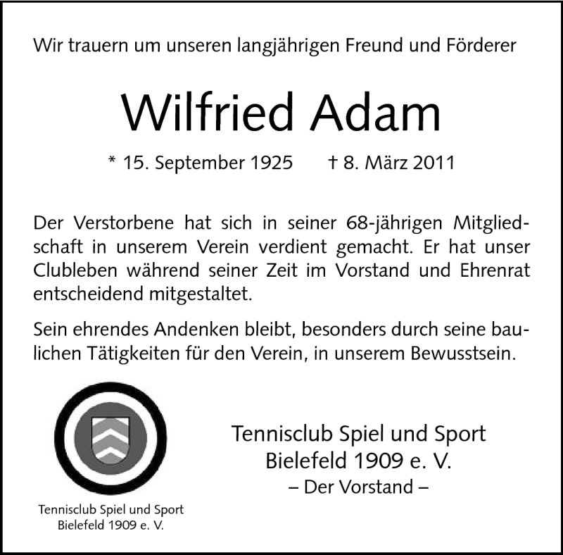  Traueranzeige für Wilfried Adam vom 12.03.2011 aus Neue Westfälische