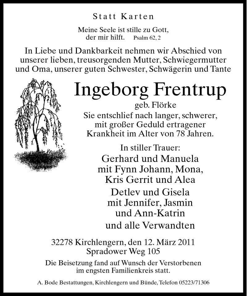  Traueranzeige für Ingeborg Frentrup vom 17.03.2011 aus Neue Westfälische
