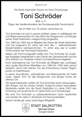 Traueranzeige von Toni Schröder von Neue Westfälische
