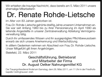 Traueranzeige von Renate Rohde-Lietsche von Neue Westfälische