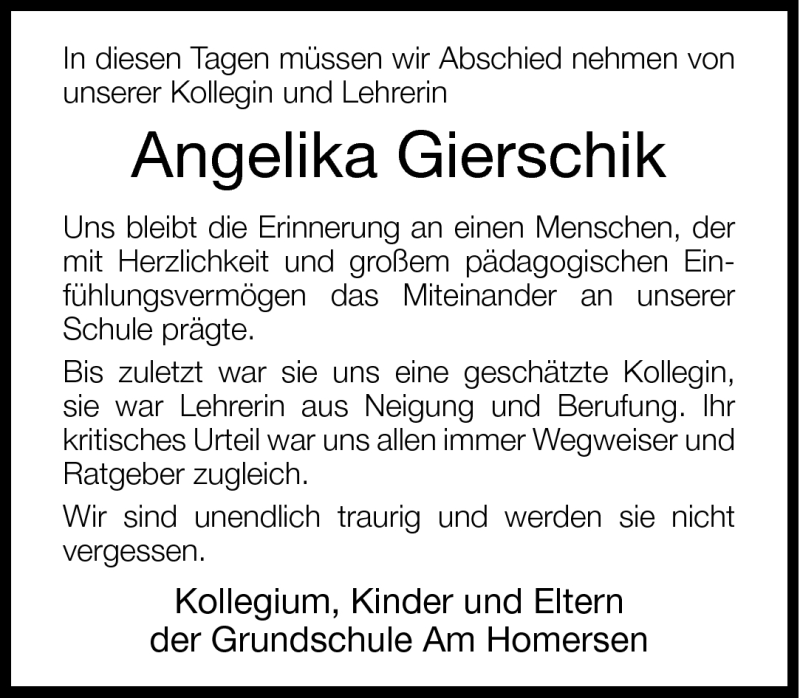  Traueranzeige für Angelika Gierschik vom 26.03.2011 aus Neue Westfälische