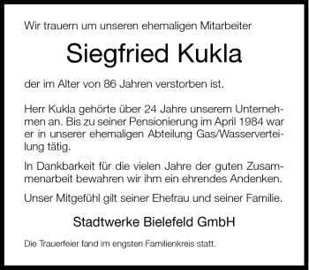 Traueranzeige von Siegfried Kukla von Neue Westfälische