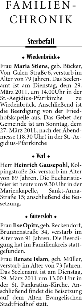  Traueranzeige für Maria Stiens vom 26.03.2011 aus Neue Westfälische