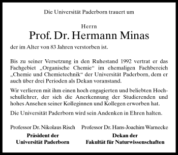 Traueranzeige von Prof. Dr. Hermann Minas von Neue Westfälische
