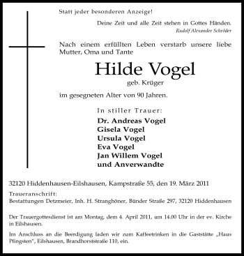 Traueranzeige von Hilde Vogel von Neue Westfälische