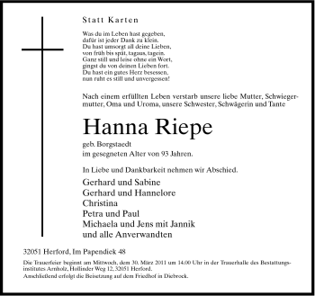 Traueranzeige von Hanna Riepe von Neue Westfälische