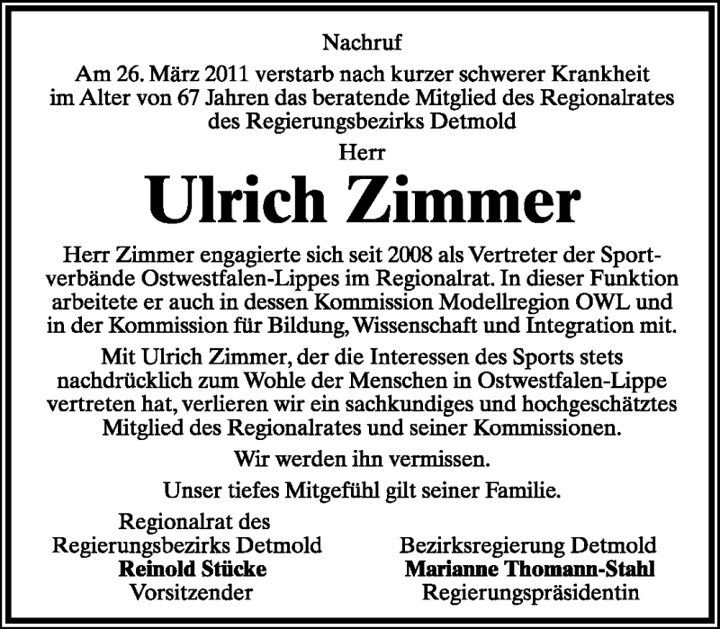  Traueranzeige für Ulrich Zimmer vom 30.03.2011 aus Neue Westfälische