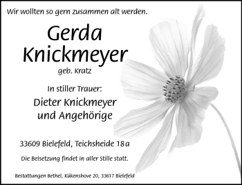 Traueranzeige von Gerda Knickmeyer von Neue Westfälische