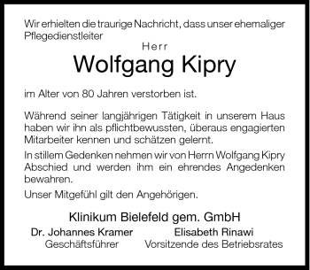 Traueranzeige von Wolfgang Kipry von Neue Westfälische