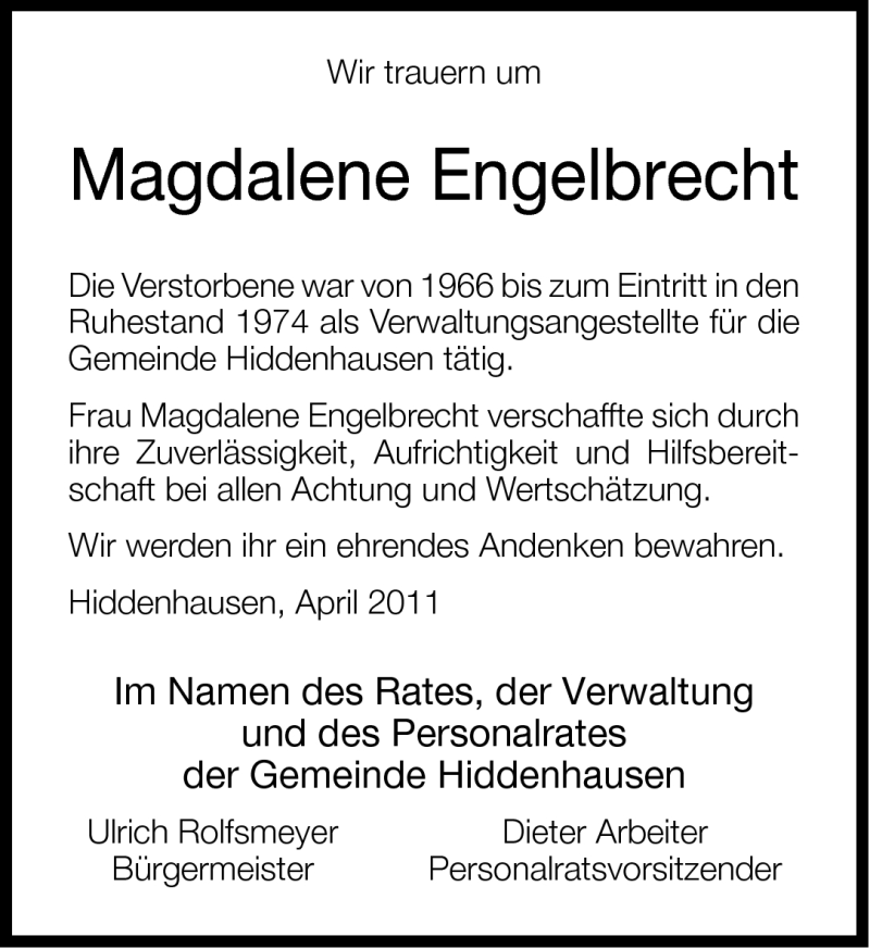  Traueranzeige für Magdalene Engelbrecht vom 08.04.2011 aus Neue Westfälische