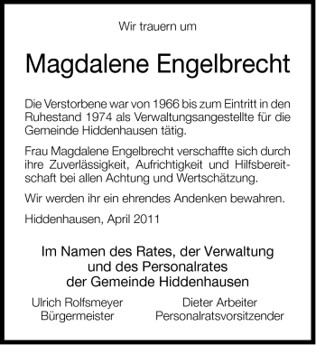Traueranzeige von Magdalene Engelbrecht von Neue Westfälische