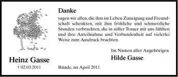 Traueranzeige von Heinz Gasse von Neue Westfälische