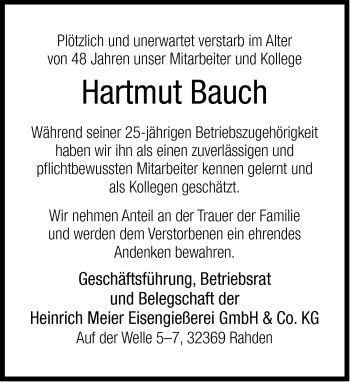 Traueranzeige von Hartmut Bauch von Neue Westfälische