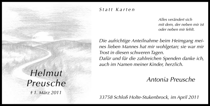  Traueranzeige für Helmut Preusche vom 16.04.2011 aus Neue Westfälische