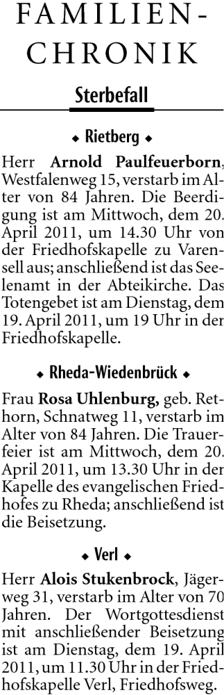 Traueranzeige von Arnold Paulfeuerborn von Neue Westfälische